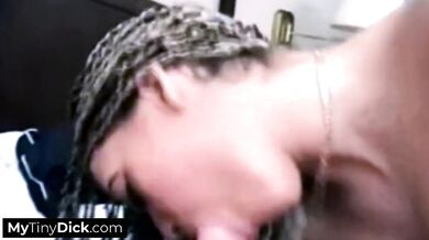 Getting her mouth filled with hot cumshot after giving his tiny dick a wet blowjob