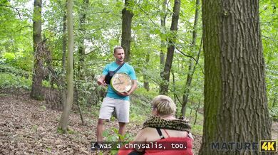 MATURE4K. Kinky mature giantess Diana loves pet play in stockings with 2 strangers in public