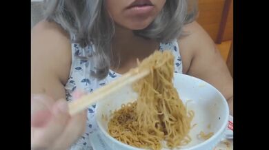 Cute feedee eats noodles for her feeder