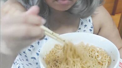 Cute feedee eats noodles for her feeder