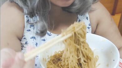 Cute feedee eats noodles for her feeder