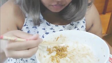 Cute feedee eats noodles for her feeder
