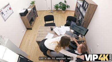 VIP4K. Blonde Maya with big tits is fucking a bank worker on the office. Hot interview with Maya