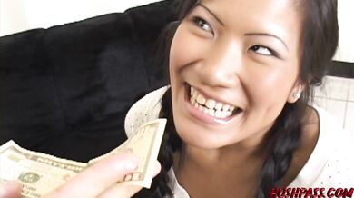 Petite Asian sucks massive dick and rides it for money