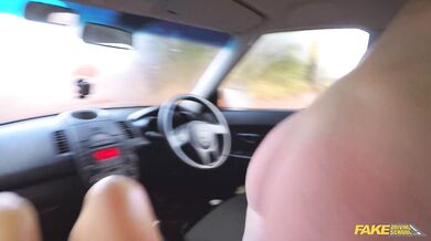 Fake Driving School - briish blonde babe with blue eyes licking vagina in a car