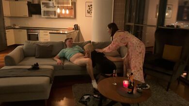 Surprise for husband, wife brings a sexy blonde for him to fuck