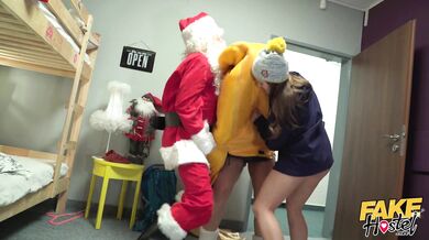 Fake Hostel - Busty and extra thick brunette gets herself into a festive threesome