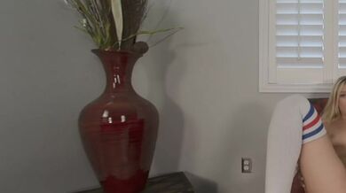 Solo blonde girl Natalia Queen in long stockings spreads her legs on a armchair in VR.