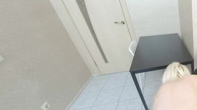 Skinny blonde girl Mia Cheers moans as she gets fucked hard in the kitchen in VR.