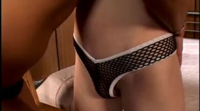 Sexy tranny gets her ass banged by a sexy blonde with a big strapon on the bed