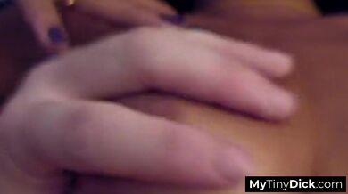 Skinny tanned girl with natural tits giving his small penis a deep blowjob