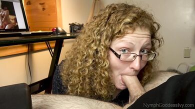 Hubby cums in natural redhead Ivy's mouth on a work break blowjob