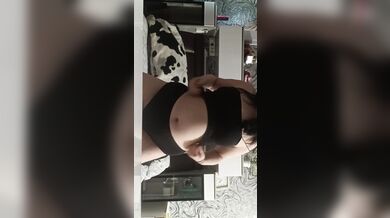 Babysitter with sexy body squeezes big tits and huge nipples