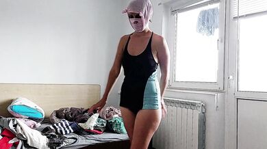 Sexy milf tries on clothes, hairy pussy, big tits, hot mom