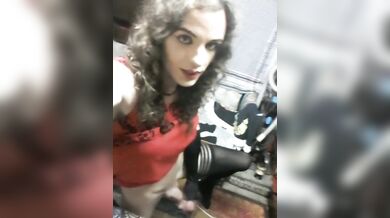 Amateur femboy/CD in red dress, playing till s/he cums