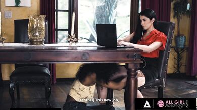 ALL GIRL MASSAGE - Sexy Ebony Pleasures Her Busy Wife Under Table Before Licking Her Pussy - Alex Coal