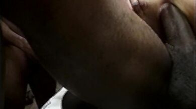 Horny white girl squirts after getting her bush and asshole screwed by two black guys