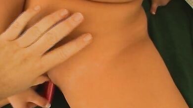 Hot brunette sticks a dildo in her wet cunt before playing with a guy's big cock POV