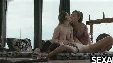 Naked yoga leads to a wild lesbian threesome for sexy trio