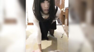 Ladyboy after homework and school is masturbating her cock for a long time until she cums