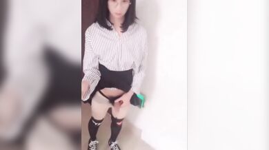 Exhibicionist Asian Ladyboy selfie stick videos flashing her cock on the street