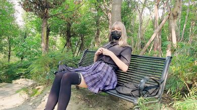 Crossdresser // Slutty Sissy Change Clothes In The Wood And Mastuebate On The Bench