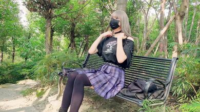 Crossdresser // Slutty Sissy Change Clothes In The Wood And Mastuebate On The Bench