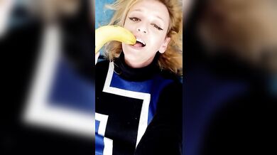 Trans girl cums hands free deep throats banana
