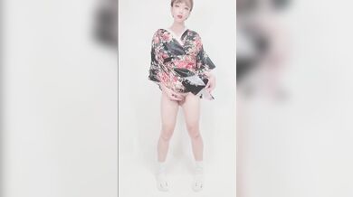 sexy femboy is a geisha masturbating her cock with a small dildo up her ass and no hands cumshot