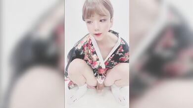sexy femboy is a geisha masturbating her cock with a small dildo up her ass and no hands cumshot